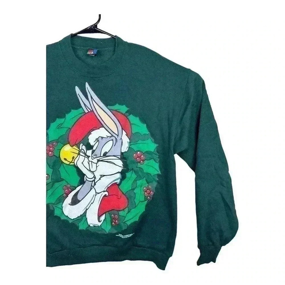 Vintage Christmas Looney Tunes Bugs Bunny Crewneck Size Medium Green 1994 Warner - Picture 3 of 12